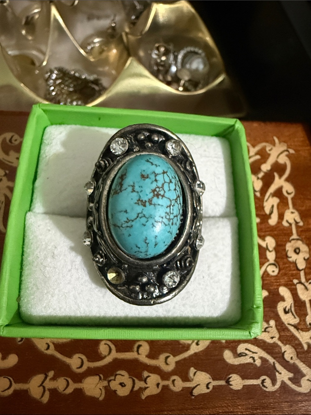 Turquoise Oval Statement Ring with Silver-Tone Filigree
